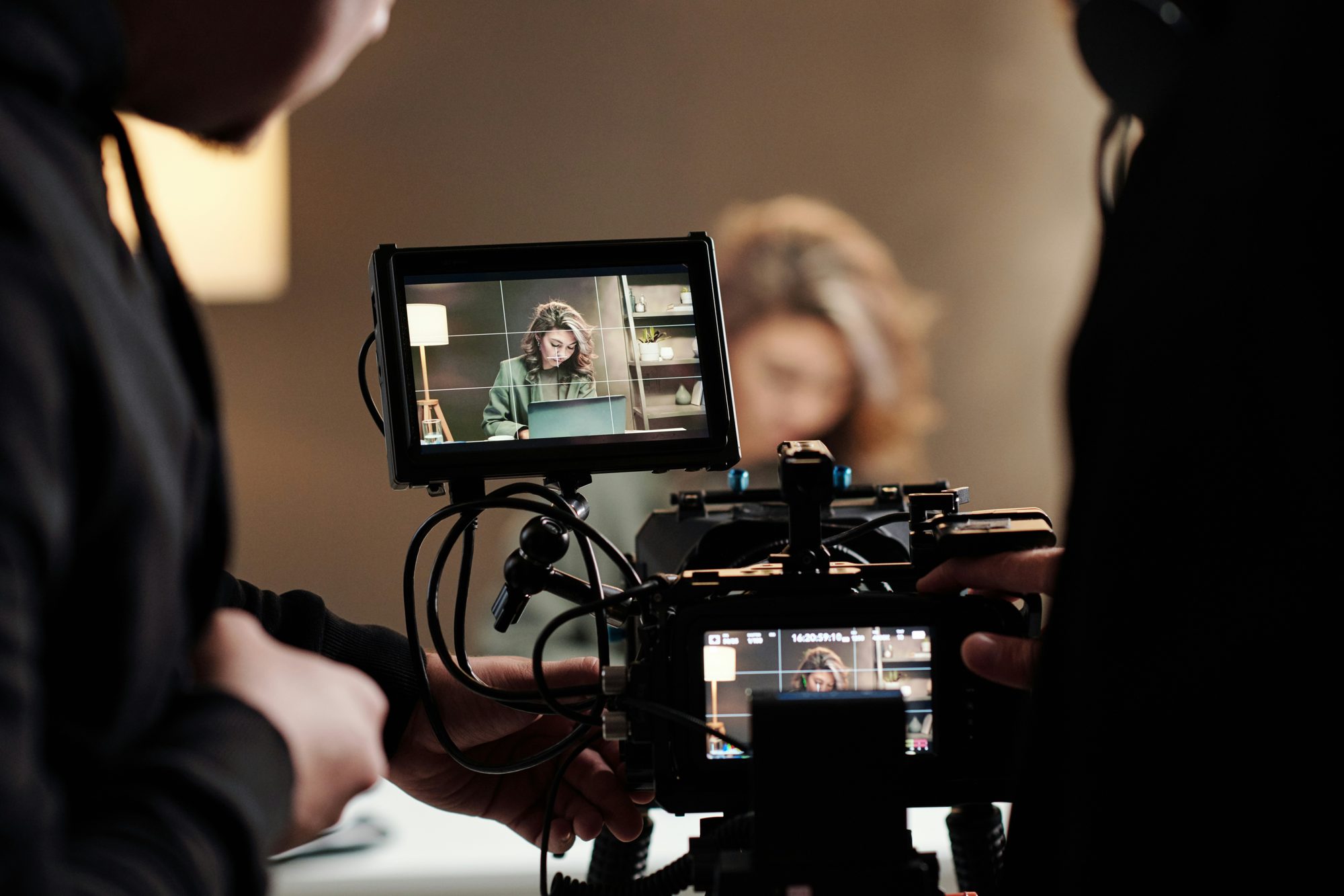 Professional movie camera setup in a studio hallway